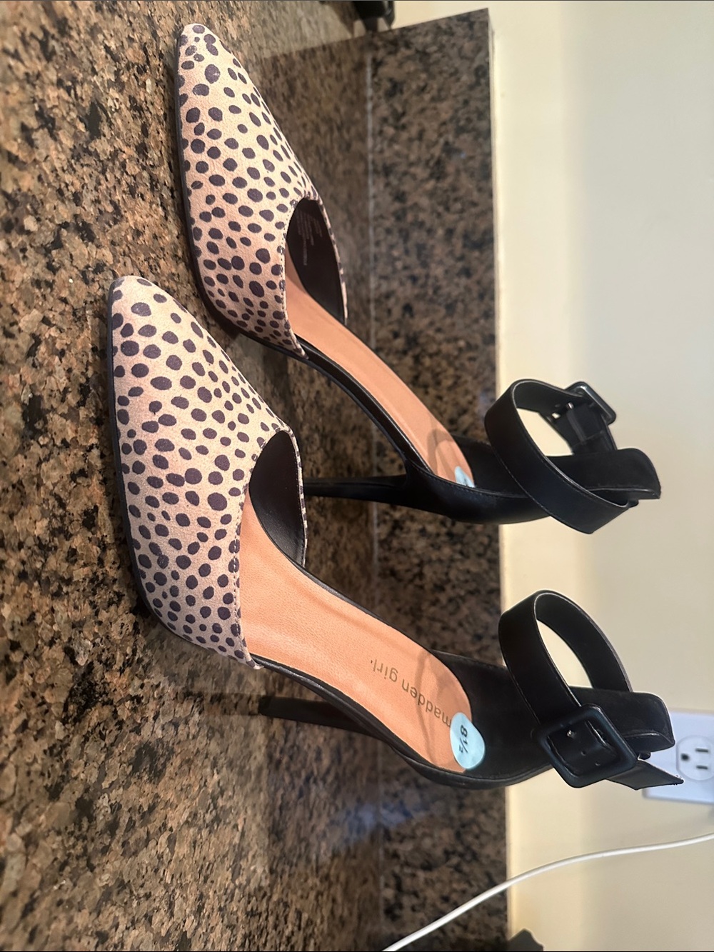 Madden Girl Black Ankle-Strap Heels with Tan Spotted Toe